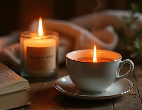 A burning candle next to a warm cup of Irish tea on a hygge-inspired setting.