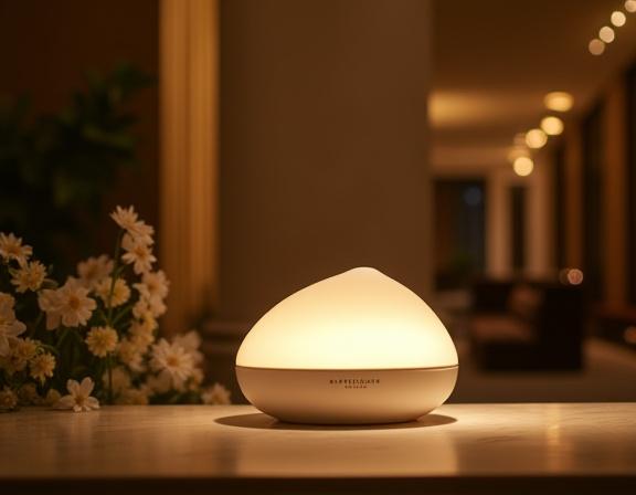 An elegant hotel lobby featuring an Emerald Glow Studio diffuser on the reception desk.